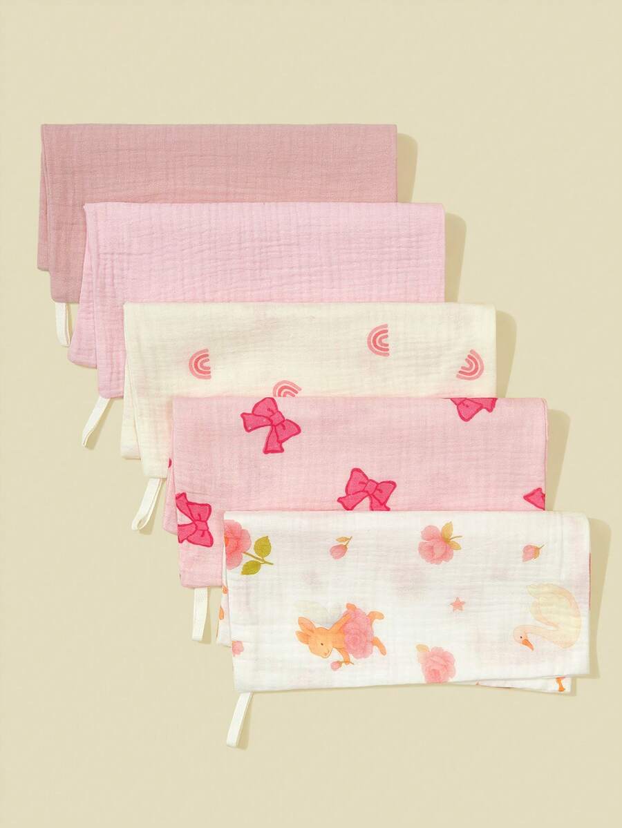 5pcs/Pack Floral & Cartoon Animal Print Baby Cotton Gauze Bibs, Feeding Handkerchief, Saliva Towel - Multicolor - View 1
