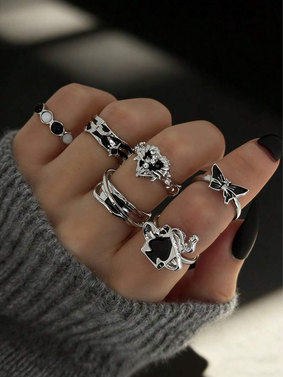 Bộ 6 chiếc nhẫn hình bướm, hình học, hình trái tim phong cách đường phố Y2K làm từ nhựa, đính đá, chất liệu giả kim cương. - Bạc - Xem 1