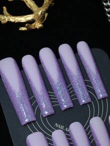 CrystalHola 情人节美甲，10片手工假指甲，按压式美甲，法式美甲，亚克力按压式美甲，方形按压式美甲，超长棺材形美甲，紫色美甲，哑光美甲，闪亮节日美甲，可爱美甲，Y2K风格，适合音乐节、派对和日常佩戴；送给女孩和女士的好礼物；新年美甲。手工按压式美甲 - 彩色 - 查看 4