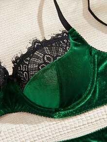 1套女士豹纹蕾丝无钢圈前扣文胸 - 綠色 - 查看 5