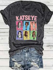 Y2K、KATSEYE、女士夏季上衣、假日、女士T恤、夏季、沙滩、女士休闲圆领短袖T恤 - 深灰色 - 查看 3