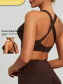 女士无缝高弹力交叉后背运动文胸，带可拆卸胸垫 - 咖啡棕 - 查看 2