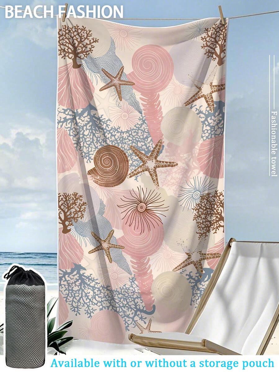 1pc Ocean Series Coral Print Beach Towel - Large Size, Super Soft Quick-Dry, Waterproof And Sand-Proof. Perfect Vacation Essential For Pool, Beach, Yoga, And Outdoor Adventure. Bathroom Decor Camping & Travel Towels - Multicolor - View 1