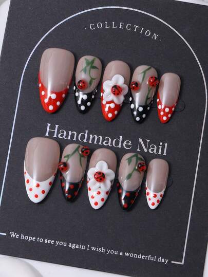10pcs/Set European And American Handmade Almond Shaped Nail Stickers In Y2K Red French Style & 3D Hand Carved Seven Star Ladybugs & Hand Painted Polka Dot Design For Nail Decoration. 1 Piece Of Jelly Gel And 1 Nail File. Perfect For Daily Life As Well As For Costumes At Coachella Music Festival, Press On Nails And Nail Care Products. Nail Supplies