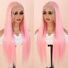 Light Pink Hair Glueless 13x6 HD Lace Synthetic Lace Front Wig 28 Inches Baby Pink Long Straight Wigs For Women Hand Tied Pre Plucked Hairline - 淺粉色 - 查看 2
