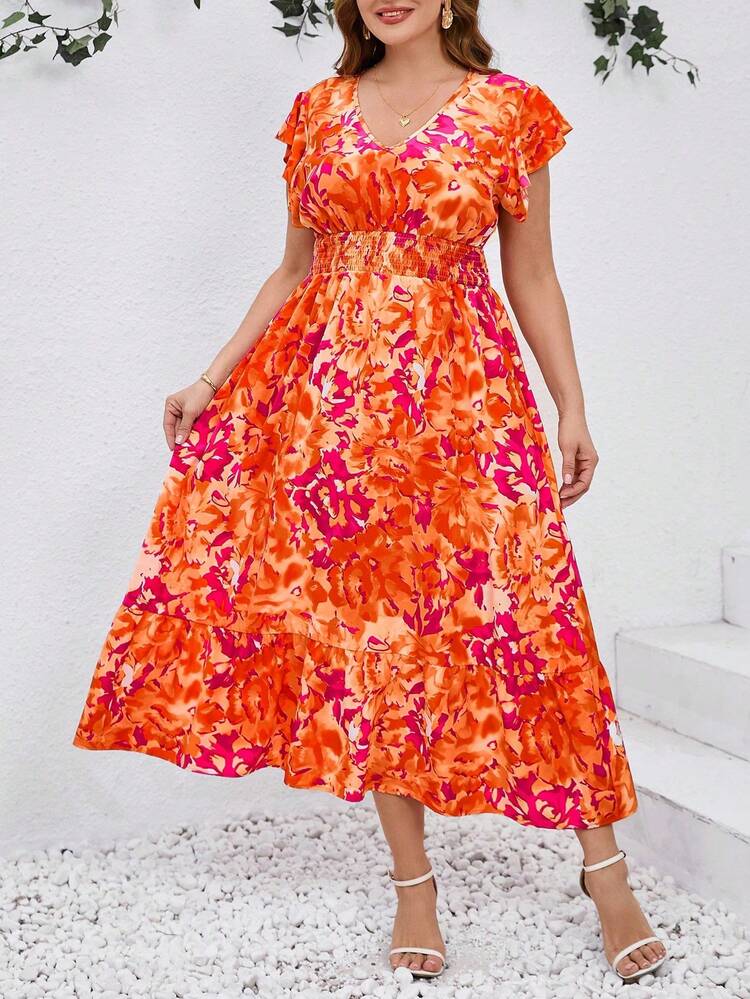 Pretty and Ole Plus Size Zomer Bloemen All-Over Print Casual Vakantiejurk, Western Wear, Festival Boho Bohemian - Oranje - Bekijken 4