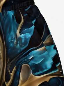 男士夏季印花图案抽绳腰斜插口袋夏威夷风速干双层网眼内衬短裤，彩色艺术3D印花时尚休闲沙滩泳裤 - 彩色 - 查看 5