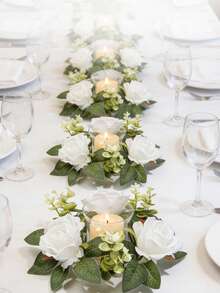 1 buc suport pentru lumânări cu coroană florală, decor pentru centru de lumânări cu flori, coroană de lumânări cu trandafiri, inel pentru lumânări, suport pentru lumânări tip ceai, coroană de plante artificiale, coroană de flori artificiale, potrivit pentru decor de nuntă, decor de petrecere și recuzită pentru fotografie - Multicolor - Vizualizare 1