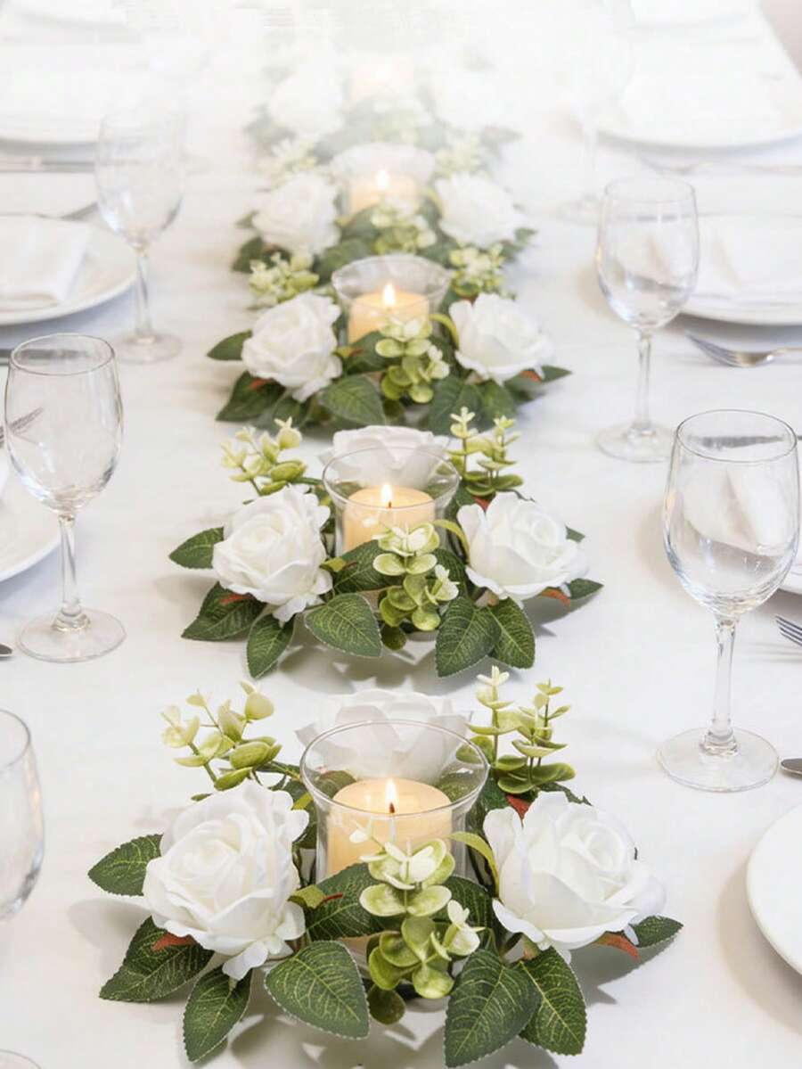 1 buc suport pentru lumânări cu coroană florală, decor pentru centru de lumânări cu flori, coroană de lumânări cu trandafiri, inel pentru lumânări, suport pentru lumânări tip ceai, coroană de plante artificiale, coroană de flori artificiale, potrivit pentru decor de nuntă, decor de petrecere și recuzită pentru fotografie - Multicolor - Vizualizare 1