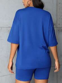 Women's Fashionable Versatile Short Sleeve T-Shirt And Leggings Set, Ocean Sailing Boat Pattern - Royal Blue - View 5