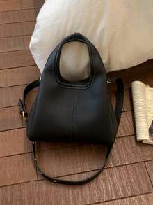 1 chiếc túi xách nữ thời trang màu đen bằng da PU, kiểu dáng tối giản cổ điển với khoen kim loại, thích hợp sử dụng hàng ngày, đi mua sắm, làm quà tặng, dự đám cưới. - màu đen - Xem 3