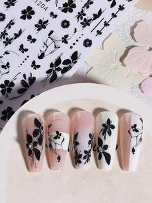 2 miếng dán móng tay hình hoa đen thanh lịch, họa tiết dây leo hoa và bướm tự dính, phụ kiện trang trí móng tay dành cho nữ. - màu đen - Xem 4