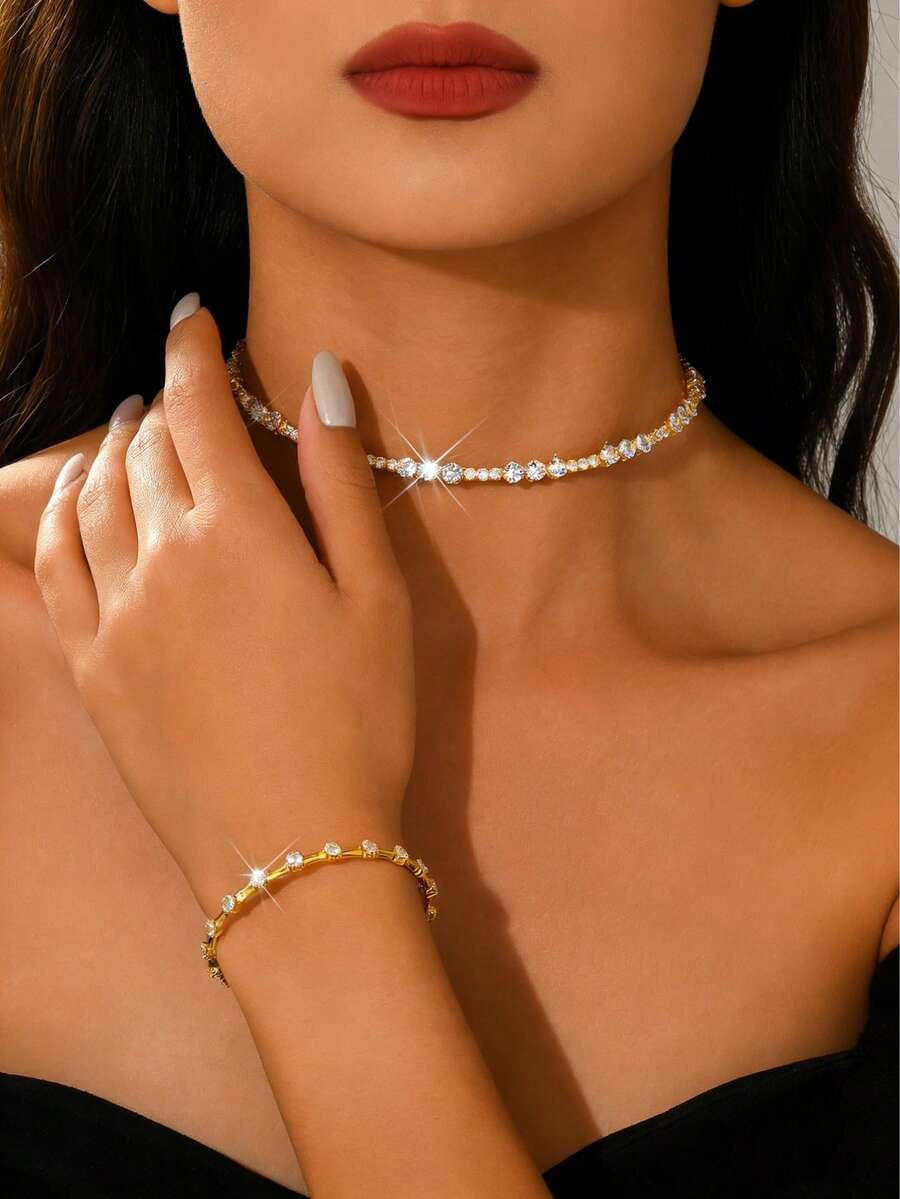 可调节项链+手链套装 - 闪亮水晶首饰，适合日常佩戴和情人节