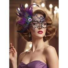 Halloween Masquerade Masks For Women - 2025 Peacock Feather Lace Mask 1920s Venetian Eyemask For Party - 黑紫色 - 查看 3