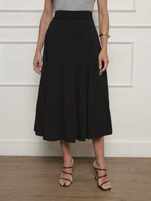 Three-Tiered Midi Skirt In Viscose Linen With Lining, Loose Fit, Spring/Summer. - màu đen - Xem 2