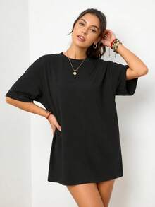 Women's Loose Fit Round Neck Short Sleeve T-Shirt, Suitable For Spring, Summer, Autumn And Winter Wear, Autumn Fashion, Autumn Clothing, Autumn Collection - Black - View 4