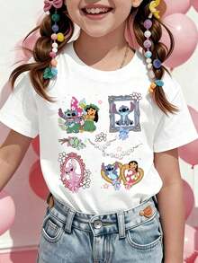 Disney Girls' T-Shirt, Featuring Creative Stitch And Lilo Cartoon Prints. Summer Cotton Crew-Neck Short-Sleeve Tee For Girls, Perfect For Everyday Wear, Vacations, Outdoor Activities, And As A Gift For Children. - trắng - Xem 1