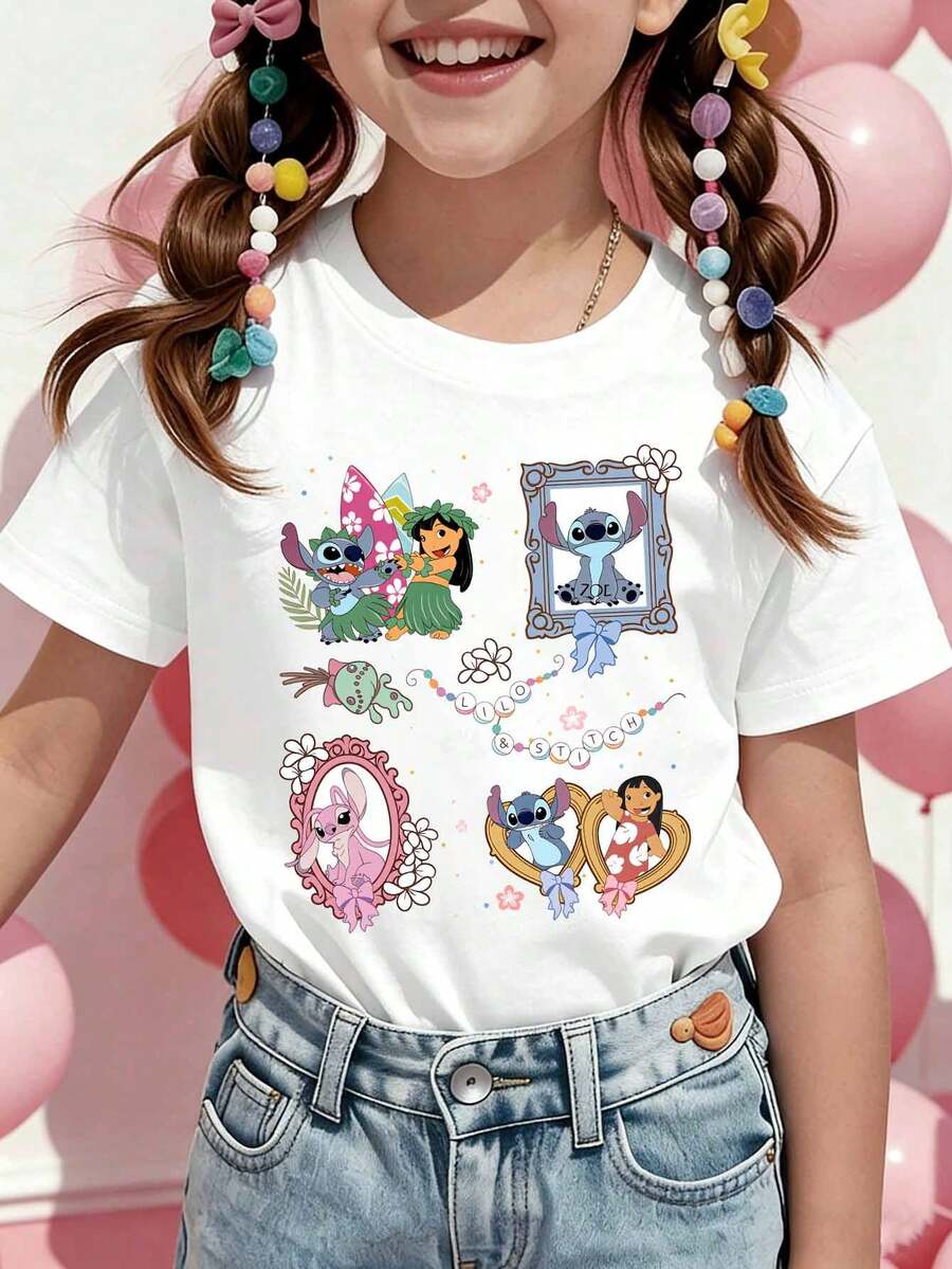 Disney Girls' T-Shirt, Featuring Creative Stitch And Lilo Cartoon Prints. Summer Cotton Crew-Neck Short-Sleeve Tee For Girls, Perfect For Everyday Wear, Vacations, Outdoor Activities, And As A Gift For Children. - trắng - Xem 1