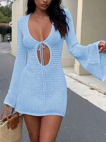 Women's New Hollow Out Sexy Beach Vacation Casual Daily Dress, Flared Sleeve Short Knit Sweater Dress, Spring/Summer/Autumn - Baby Blue - View 3