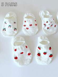 5 pares de calcetines de tobillo para mujer con diseño de cerezas y fresas, calcetines tipo barco, calcetines invisibles, diseño cómodo y transpirable de estilo casual para la calle, adecuados para primavera/verano, aptos para uso diario y vacaciones - Multicolor - Ver 5