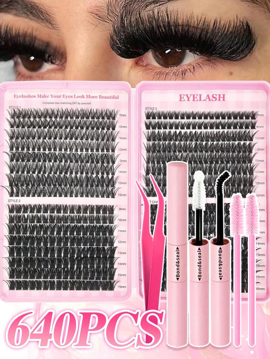 600Pcs Lash Extension Kit, Individual Lashes Clusters Kit D Curl Eyelash Extension Kit, 9-16mm Mixed Length Lashes, High-Quality Cluster Lashes With Bond And Seal, Tweezer & Brush, Lightweight, Waterproof, Beginner-Friendly, Ideal For Salon Use, Daily Wear, Glam & Travel Looks - Multicolor - View 1