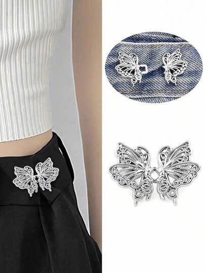 2 Sets High Quality Butterfly Waist Cinching Buckle Pins, Detachable Fashion Brooch Pins For Women Jeans, Skirts, Pants, Bags, Suitable For Ladies And Students
