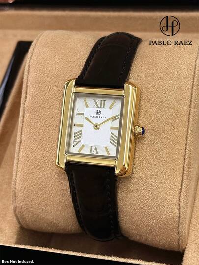 Pablo Raez 1枚18K金女士腕表，优雅珠宝正装腕表，不锈钢复古长方形表壳，金色不褪色，罗马数字显示，顶级全新AAA级迷人设计石英复古女士配饰腕表