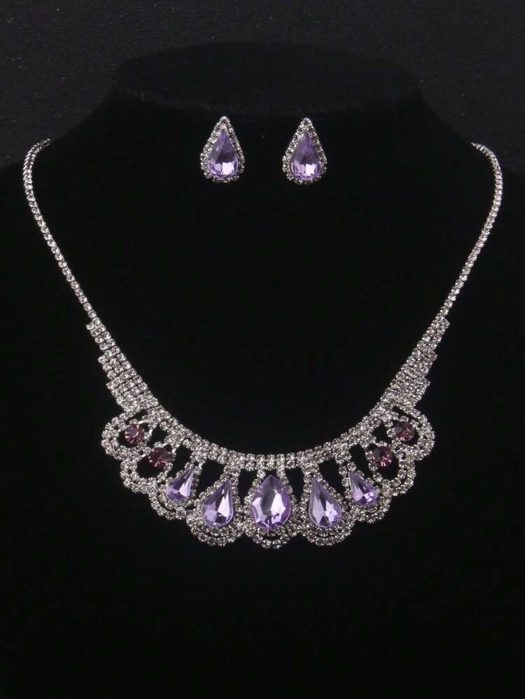 Conjunto de joyería nupcial - Collar y aretes, adecuado para vestido de novia, vestido de gala, actuación en el escenario, disponible en morado, azul, rojo - conjunto de collar + arete - Añade 1