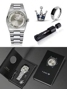 TOMI 男士腕表，配有表冠胸针、戒指、拆卸工具，简约设计，圆形表盘镶嵌钻石，锌合金表带，石英机芯，礼盒包装，适合日常生活、商务场合、父亲节、情人节、圣诞节等场合佩戴。 - 銀色 - 查看 11
