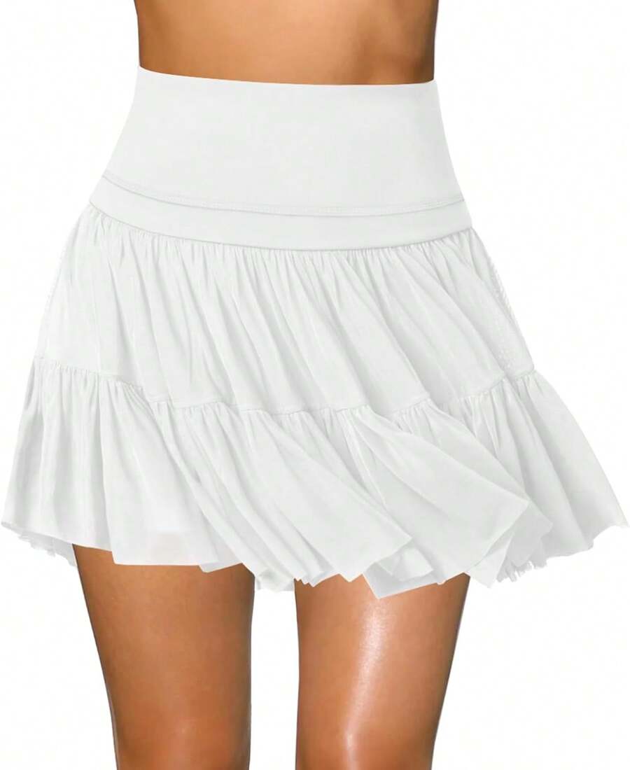 Women's Mini Skirt Skort Flowy Pleated High Waisted Ruffle Tennis Skirts For Women Athletic Skater Golf With Shorts Pockets - White - View 1