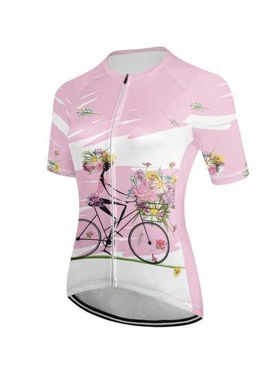 Max Storm 女士短袖骑行服，涤纶材质，卡通图案，圆领，插肩袖，常规长度，透气，反光，3个后袋，适合山地车和公路车骑行。