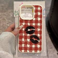 1个复古红色格子黑色唇印TPU软手机壳，兼容 17 Pro Max/17/16 Pro Max/15/13/12/11、S20 FE/A15/S24/A55、Redmi Note 11/12/13 Pro，全包防震保护套 - 白色 - 查看 1