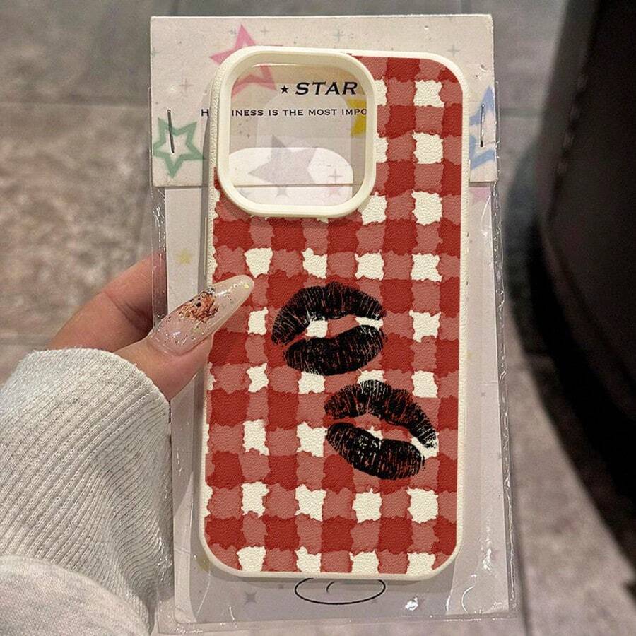 1个复古红色格子黑色唇印TPU软手机壳，兼容 17 Pro Max/17/16 Pro Max/15/13/12/11、S20 FE/A15/S24/A55、Redmi Note 11/12/13 Pro，全包防震保护套 - 白色 - 查看 1