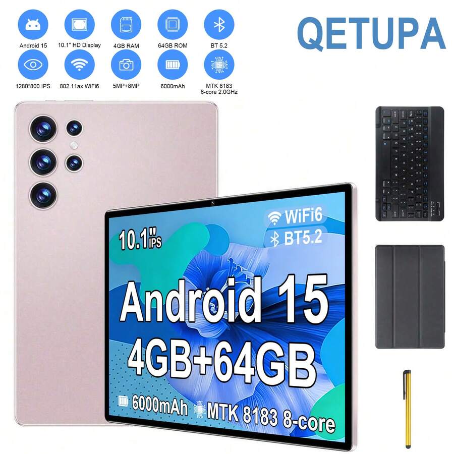 Qetupa 10.1 吋 Android 15 平板電腦，附保護殼、鍵盤與觸控筆，MTK8183 八核心 2.0GHz 處理器，4GB RAM + 64GB ROM（支援 1TB SD 卡擴充），1280*800 HD IPS 觸控螢幕，5MP 前置鏡頭 + 8MP 後置鏡頭，6000mAh 電池，802.11ax Wi-Fi 6，藍牙 5.2，GPS