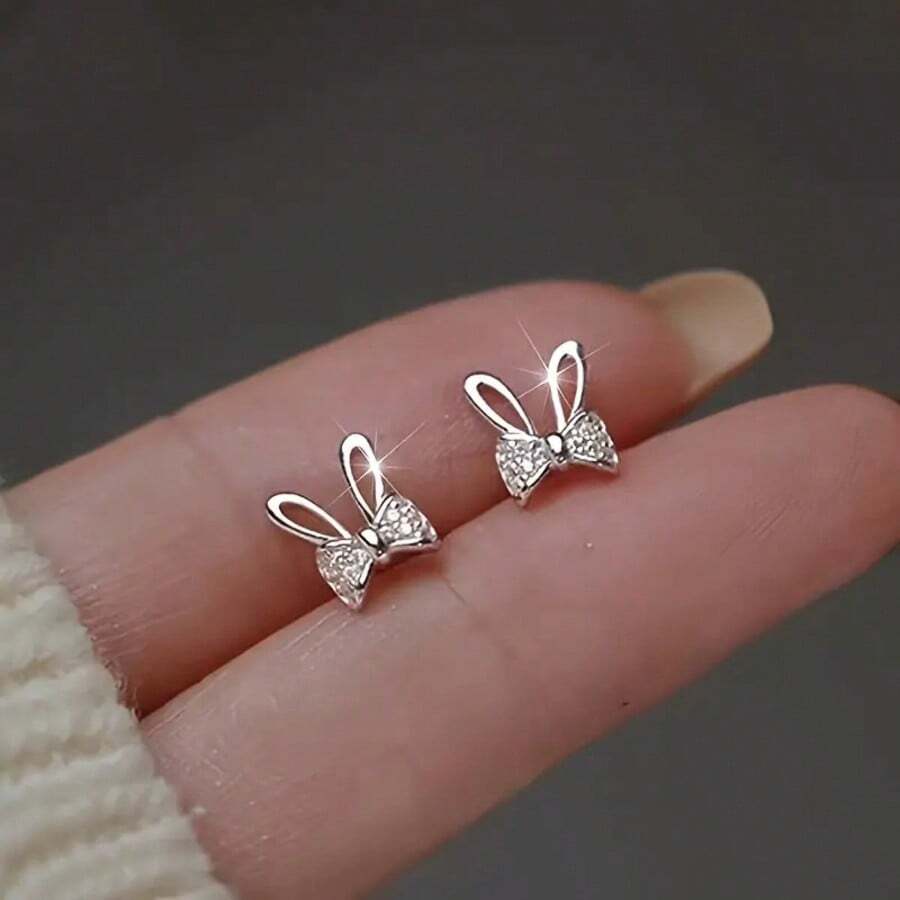 1 Pair Delicate Bow & Cute Rabbit Ear Creative Stud Earrings, Elegant Daily Accessory, Perfect Jewelry For Easter - Silver - View 1