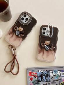 1pc Brown Tie-Dye Coffee Bear Bench Double Bracket Wavy Edge Anti-Drop Phone Case Protective Cover Suitable For IPhone11/12/13/14/15/16 PROMAX