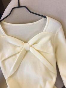 Blusa de mujer Camiseta sexy de corte ajustado con cuello cuadrado y lazo para mujer, modelo Pure Desire, para principios de otoño, con manga larga y corte corto. - Albaricoque - Ver 8