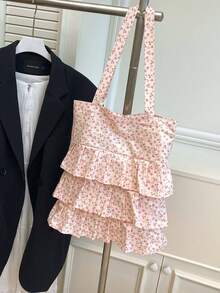 Bolso de lona con volantes en los hombros, estilo Mori, versión coreana de literatura y arte para estudiantes, bolso de lona suave para chicas, nuevo para el verano 2024 - Rosa Pálido - Ver 6