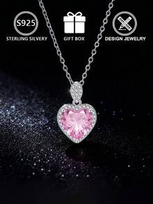 925纯银情人节粉色锆石首饰三件套：项链、戒指、耳环、礼盒，女士情人节礼物 - 銀色 - 查看 4