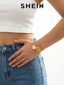 1pc Women's Stainless Steel Classic Heart Engraved OT Clasp Lip Chain Titanium Gold Bracelet, Suitable For Daily And Holiday Wear, Gift