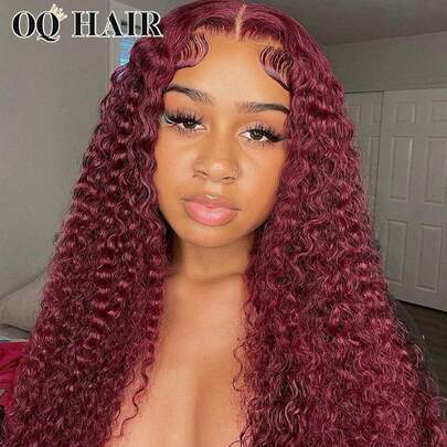 OQ 180% 密度 16-28 英寸酒红色水波纹预剪裁 7x5 透明蕾丝闭合无胶发际线假发，适合初学者，适合运动、度假、旅行、节日、派对、户外活动、角色扮演、校园、海滩、露营、假日、秋季穿搭、度假风、魅力、优雅、休闲时尚、万圣节装饰、女士礼物