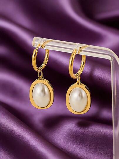 MONALLY 18K Gold Plated Stainless Steel Pearl Drop Hoop Earrings Hypoallergenic Oval Pearl Dangle Jewelry For Women Perfect For Valentine's Day, Mother's Day Gifts For Ladies, Comes For Daily Wear