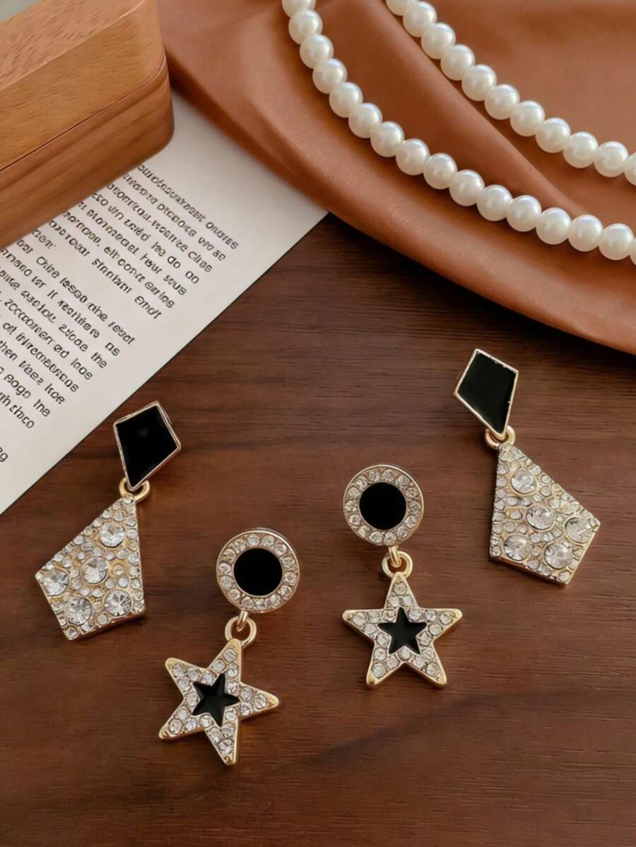 两对奢华时尚优雅百搭水钻不对称几何星形耳环套装，适合女士日常及节日佩戴 - 幾何 - 查看 1