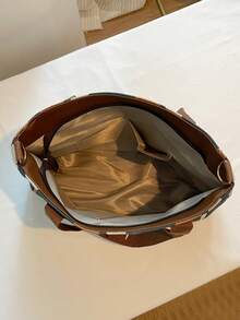 1pc Striped Contrast Color Large Capacity Canvas Tote Bag With Pendant, Exclusive For School And Daily Use - Multicolor - View 5