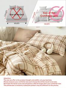 4件套经典简约日式格纹被套床品套装，柔软舒适，可拆卸双层纤维被芯（1个被套+1个床单+2个枕套，不含被芯和枕芯），男女通用，卧室装饰，节日礼物，单人/双人尺寸，枕套图案随机。 - 淺咖 - 查看 8