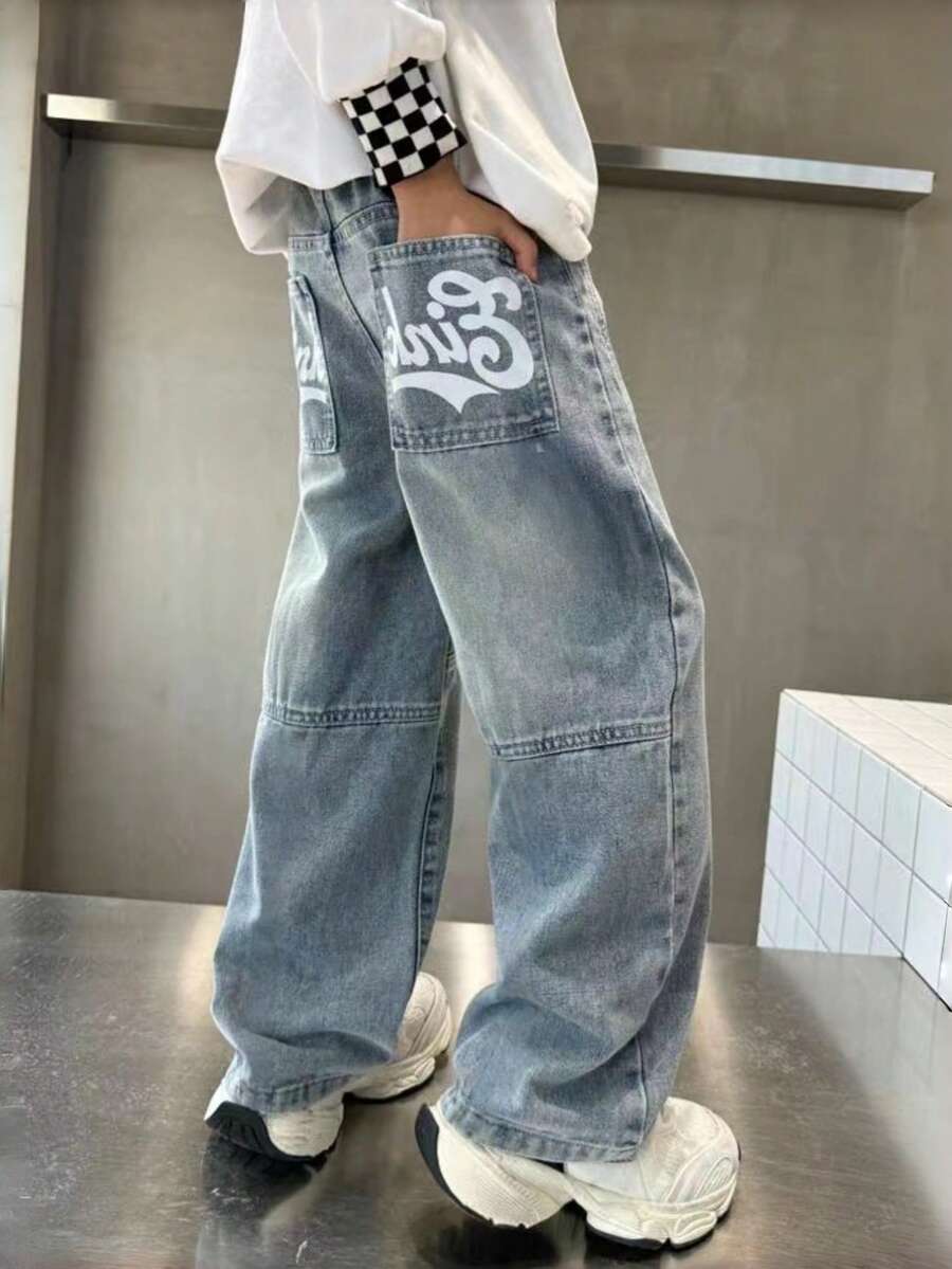 Light Wash Blue Straight Leg Loose Patchwork Denim Jeans, Casual Versatile Multi-Pocket Printed Wide Leg Long Pants For Teenagers - Blue - View 1