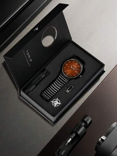  TOMI Men's Watch With Star Brooch & Ring Set, Zinc Alloy Strap, Round Dial Quartz Watch, Gift Box, Suitable For Daily Life, Business Events, Father's Day, Valentine's Day, Christmas