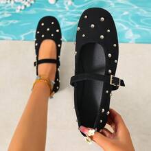 2026 Hollow Rivet Round Toe Flat Fashion Versatile French Retro Ballet Shoes, Warm Shoes - Black - View 13