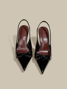 Women's Black Patent Leather Stiletto High Heel Pointed Toe Closed Toe Pumps, Elegant Formal Party Dress Shoes, Office Buckle Strap Backstrap High Heels - Black - View 5