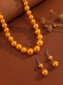 Exaggerated Multi-Layer Catkin Handmade Beaded Faux Pearl Necklace, Retro Casual Sweater Chain, Earrings - Red - View 6